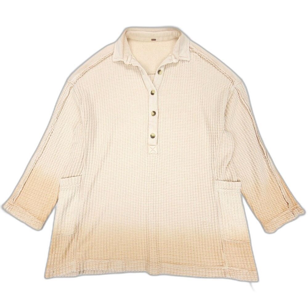 FREE PEOPLE Wilder Oversized Waffle Knit Polo Shirt Dress Boho Small Salt Cream